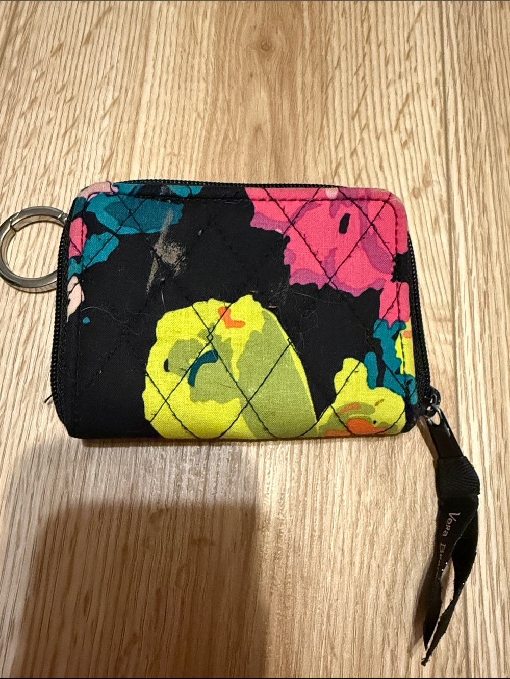 Vera Bradley Black Floral Quilted Zip Wallet with Keyring - Pink, Teal & Yellow